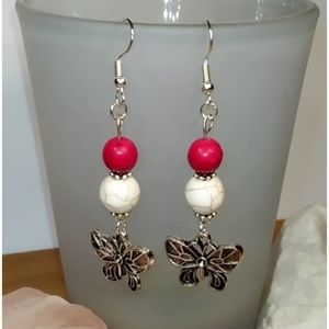 Red & White Howlite earrings silver plated butterflies